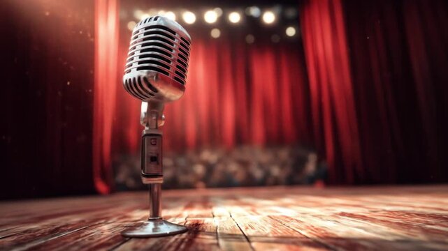 A vintage microphone rests on a wooden stage framed by red curtains and warm stage lights with glow