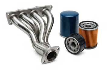 Exhaust manifold and oil filters for automotive engine maintenance and performance tuning, transparent background