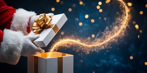 Santa claus hands opening a gift box with bright magical sparkles