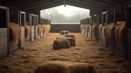Rustic horse stable interior, hay bales