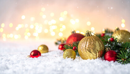 Obraz premium Close-up of glittering red and gold Christmas ornaments nestled in snow with blurred bokeh lights.