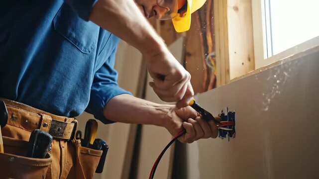 Close-up of a professional electrician installing a wall outlet during a home renovation project.