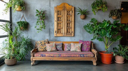 Rustic, plant-filled interior with a wooden couch