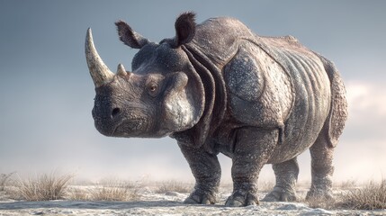 Fototapeta premium Rhino standing on a snowy landscape with a cloudy sky at dusk