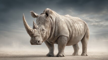 Obraz premium Rhino standing on dry ground beneath a cloudy sky in a natural setting during daytime