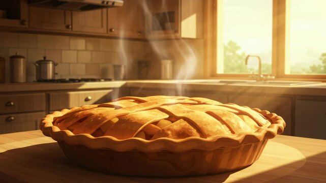 Warm apple pie fresh from the oven in a sunlit kitchen scene