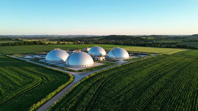 An aerial view of a modern biogas plant featuring dome-shaped digesters nestled in a lush green countryside at dawn.