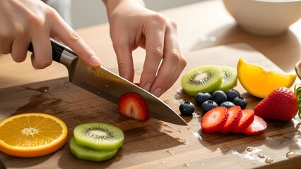 Hands preparing and slicing fresh fruit on wooden board in bright natural kitchen light, healthy lifestyle concept.