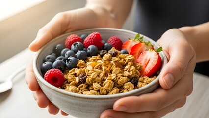 Hands holding a bowl of granola with berries in warm morning light, minimal clean food scene, no face.