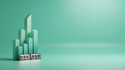 Fototapeta premium Rising RAM Prices Illustrated by Upward Bar Chart Technology Market Concept , Clean Green Technology Banner with Memory Module and Copy Space