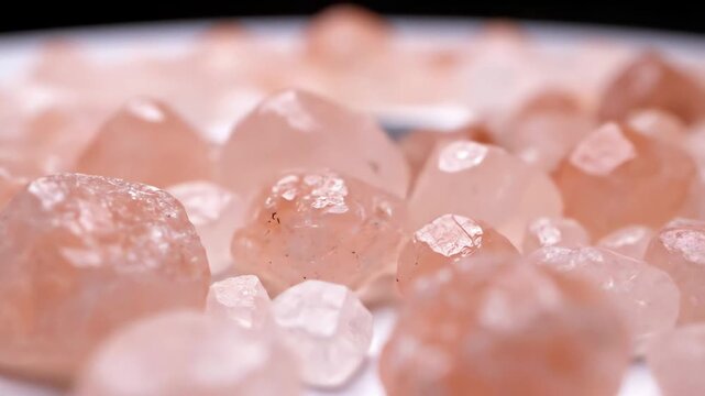 A detailed macro close up shot of pink Himalayan salt crystals