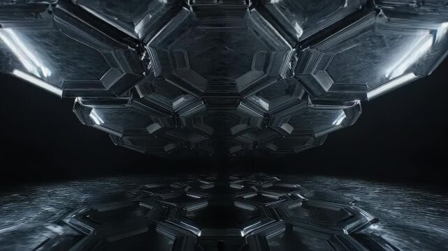 Futuristic hexagonal structure suspended over a textured, crystalline plane
