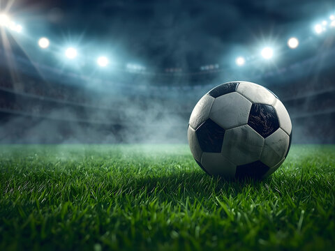 Close up soccer ball in the corner of filed with fog