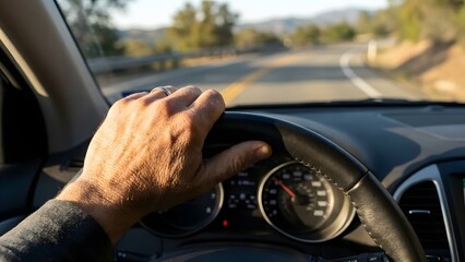 Driver Hands on Steering Wheel on Road.