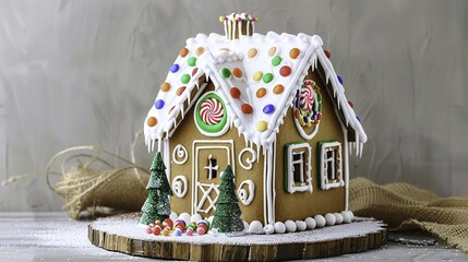 Decorated gingerbread house with colorful candies and festive details on a wooden base