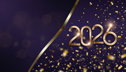 Happy New Year poster with golden letters 2026 on dark shimmering purple and dark blue background Happy Celebration Sparkles Banner Generative AI