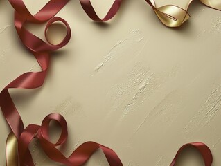 Red and gold ribbons arranged on a textured beige background
