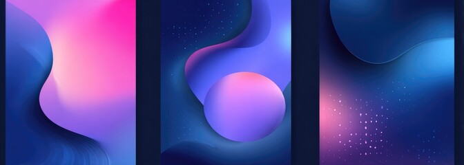 Abstract mobile wallpaper set, gradient color, wavy shapes, dark blue, pink, and purple