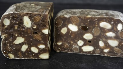 Two slices of dark chocolate confection with embedded nuts and seeds, showcasing a dense, textured interior.