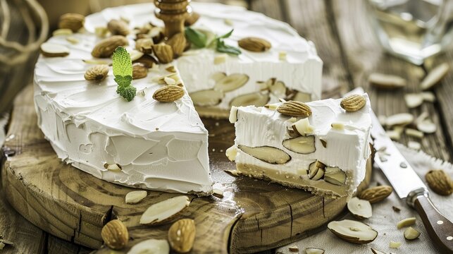 A slice of almond cake with white frosting and sliced almonds on a wooden board