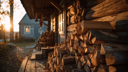 Woodpile Stacked Against Rustic Log Cabin in Warm Sunset Light