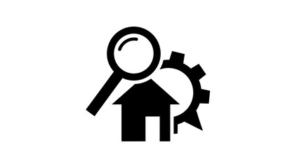 Magnifying glass over house and gear icon.