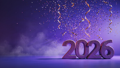 Happy New Year poster with golden letters 2026 on dark shimmering purple and dark blue background Happy Celebration Sparkles Banner Generative AI