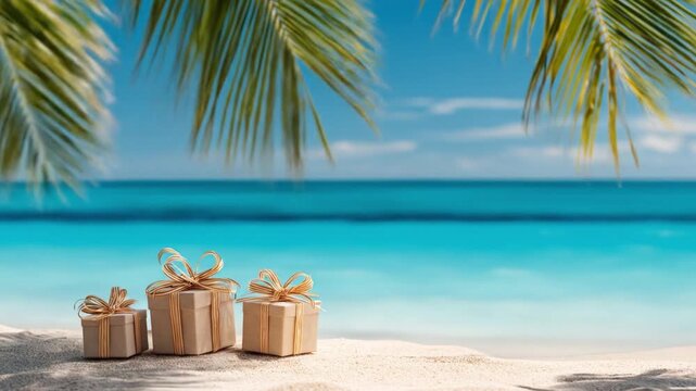 A sunlit tropical beach with turquoise water, white sand, palm fronds overhead, and three gift boxes