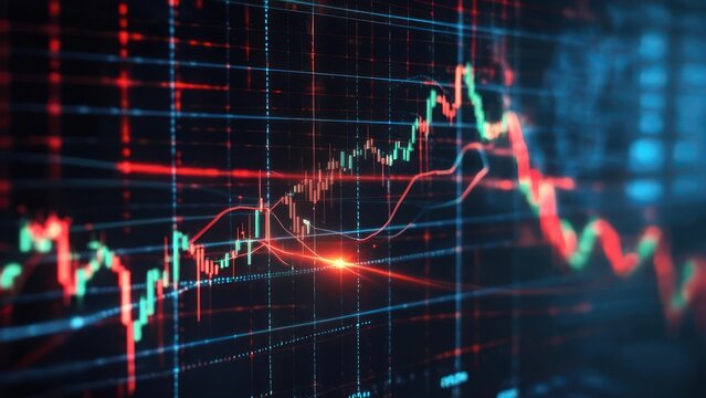 Close-up of a digital stock market graph, showing fluctuating trends in red and green.  Gridlines and data points overlay the display - Powered by Adobe