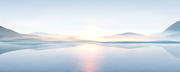 Landscape art background with cool-toned mountains and hills on a lake. A natural banner for decor, prints, wallpaper, posters, and interiors.