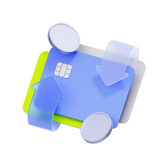 3D icon of a credit card with up and down arrows and coins For fund transfer, payment gateway, deposit withdrawal, and secure money transaction. © Charcoal3d