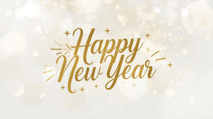 Elegant Golden Happy New Year Script on White Bokeh Background