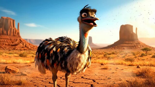 Hilarious 3D animation of a cartoon emu bird screaming in a desert canyon