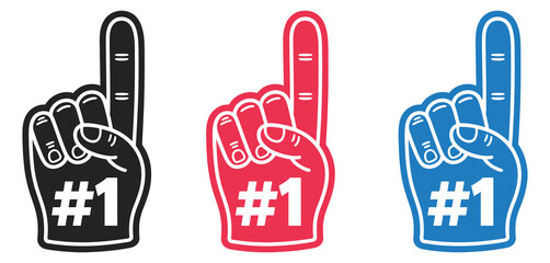 Colorful Foam Finger Number One Hand Symbols, a vector illustration featuring black, red, and blue designs, perfect for sports fans, cheering, team support, and celebration graphics