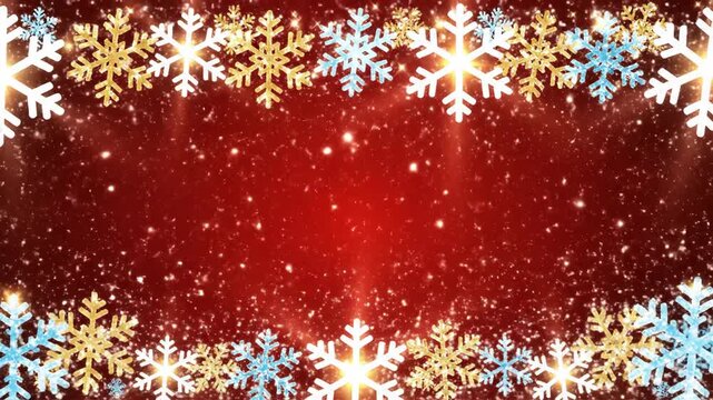 Festive background animation golden and blue snowflake border on red