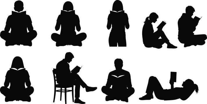 Vector silhouette set of people reading books, showing various sitting, reclining, and cross-legged poses, ideal for education, literacy, leisure, and relaxing study graphics