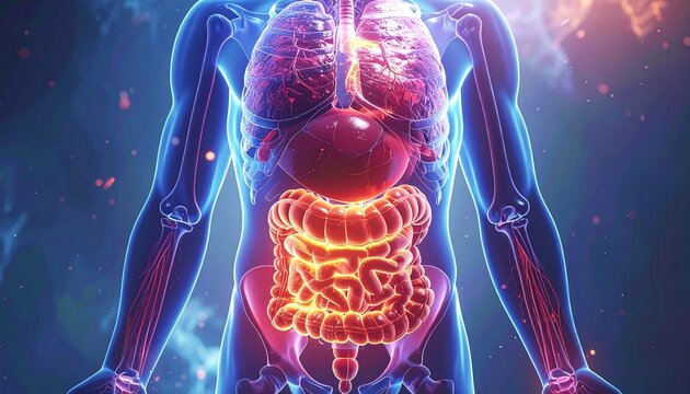 Detailed digital illustration of the human body showcasing glowing internal organs and the digestive system for medical, educational, and scientific health concepts