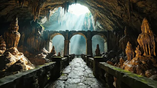 A majestic underground cavern featuring an ancient stone bridge and a mystical waterfall illuminated by sunbeams.