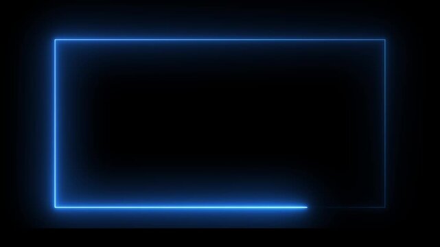 Abstract glowing rectangle light blue neon box frame motion on black background