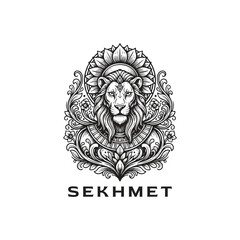 Obraz premium Ancient Egyptian goddess Sekhmet illustration featuring a lion's head centered within a lush, ornate floral and botanical frame in vintage woodcut engraving style