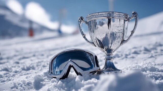 A gleaming trophy stands in pristine snow, ski goggles nearby under a bright blue sky on a sunny day