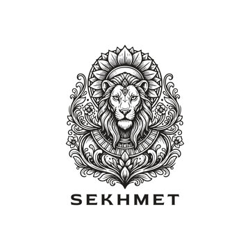 Ancient Egyptian goddess Sekhmet illustration featuring a lion's head centered within a lush, ornate floral and botanical frame in vintage woodcut engraving style