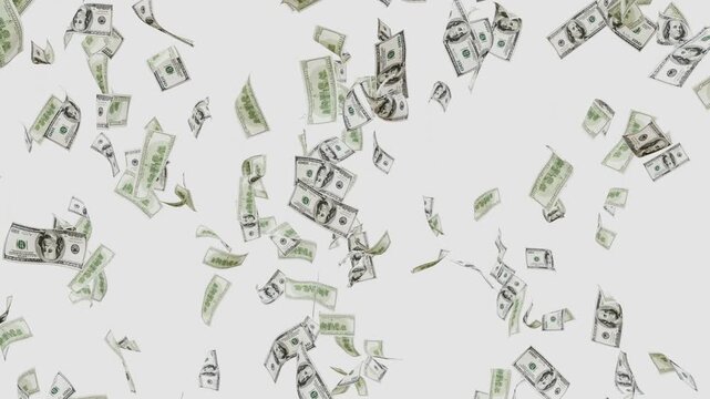 Dollar Banknotes Falling and Flying Animation with alpha chanal background. Money Rain 3D Dollars Falling Loop. USD Cash Flying and Falling Motion