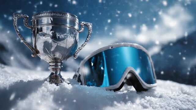 Shiny trophy half-buried in powder snow beside blue mirrored ski goggles beneath a cloudy sky, glow