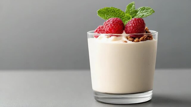 Creamy yogurt parfait with raspberry, raspberries, granola and mint in glass, bright snack