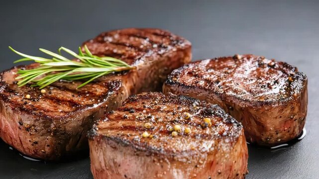 Grilled beef filet medallion with rosemary garnish and peppery seasoning juicy savory steak delight
