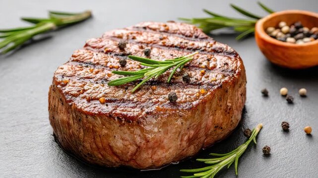 Grilled beef filet mignon steak with rosemary and cracked peppercorn, savory juicy delight