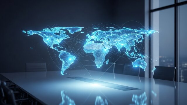 Global Network Map in Modern Conference Room with City View - Powered by Adobe