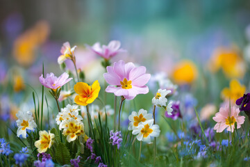 Fototapeta premium Spring Flowers In Meadow With Pastel Colors 