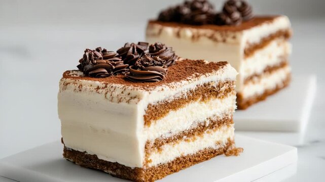 Creamy layered tiramisu cake slice with cocoa dusting, cream layer and chocolate rosettes